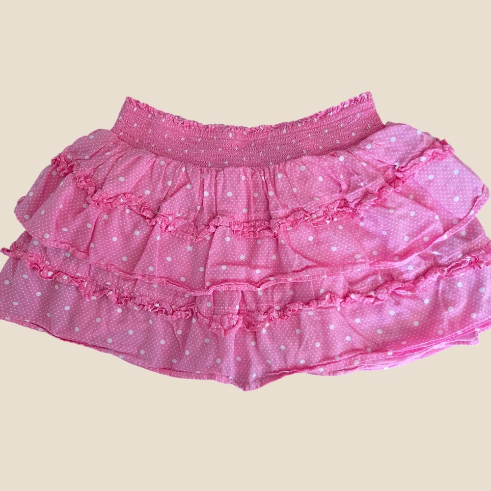 LoveShackFancy Girls Pink Polka Dot Tiered Ruffle Skirt Size 8-9Y Cotton